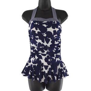 Floral Navy Blue Square Halter Neck XXS One Piece Ruched Skirted Swim